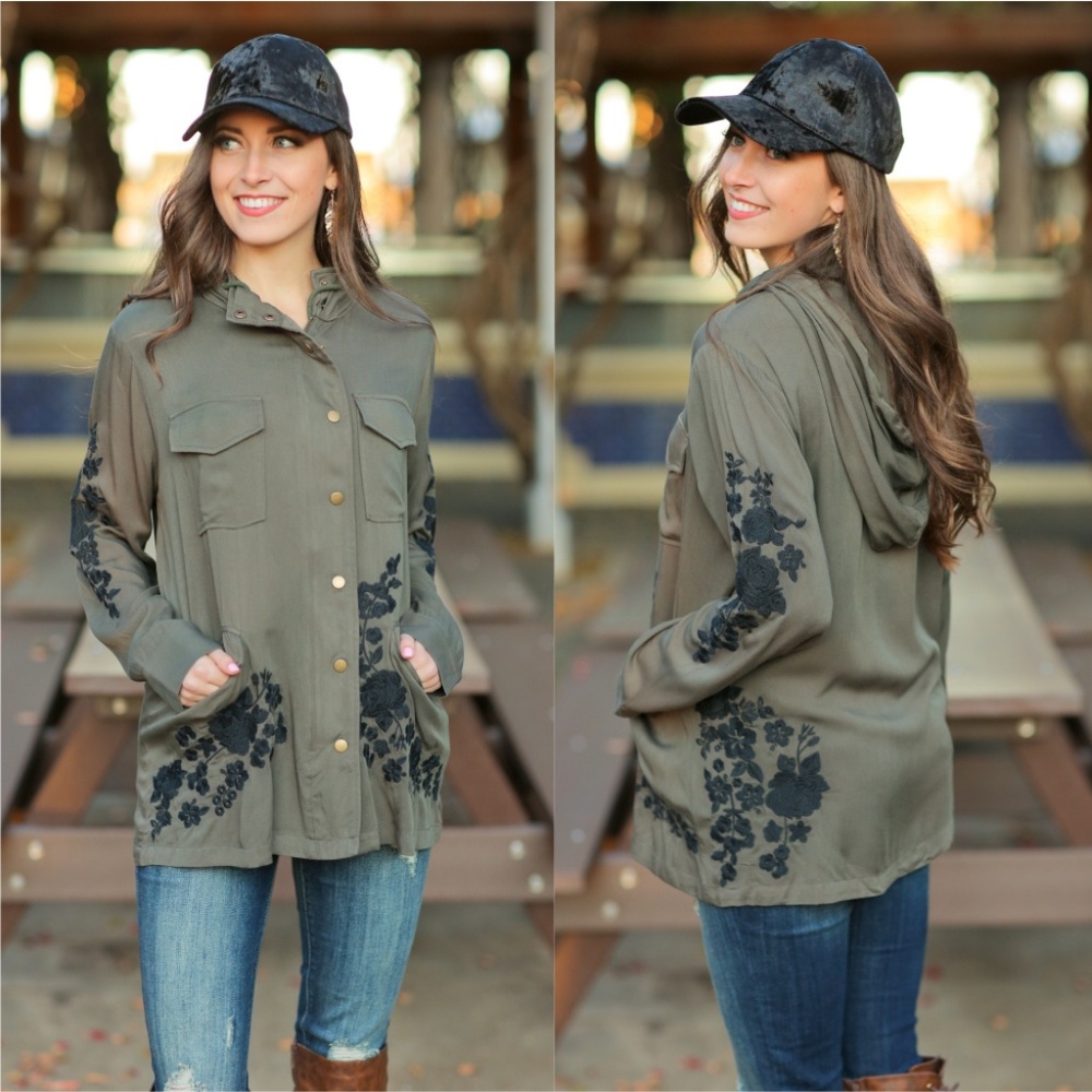 LAST ONE! Olive Embroidered ZIP Up Hoodie Jacket - Picture 4 of 4